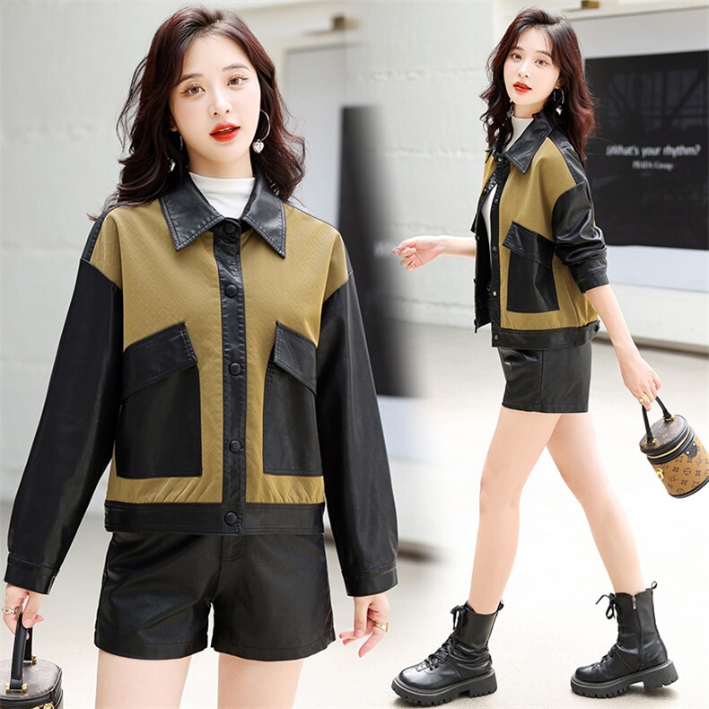 主推现货休闲短款外套女宽松小个子2022年新款时尚女士拼接皮衣，女装皮衣，江南女神