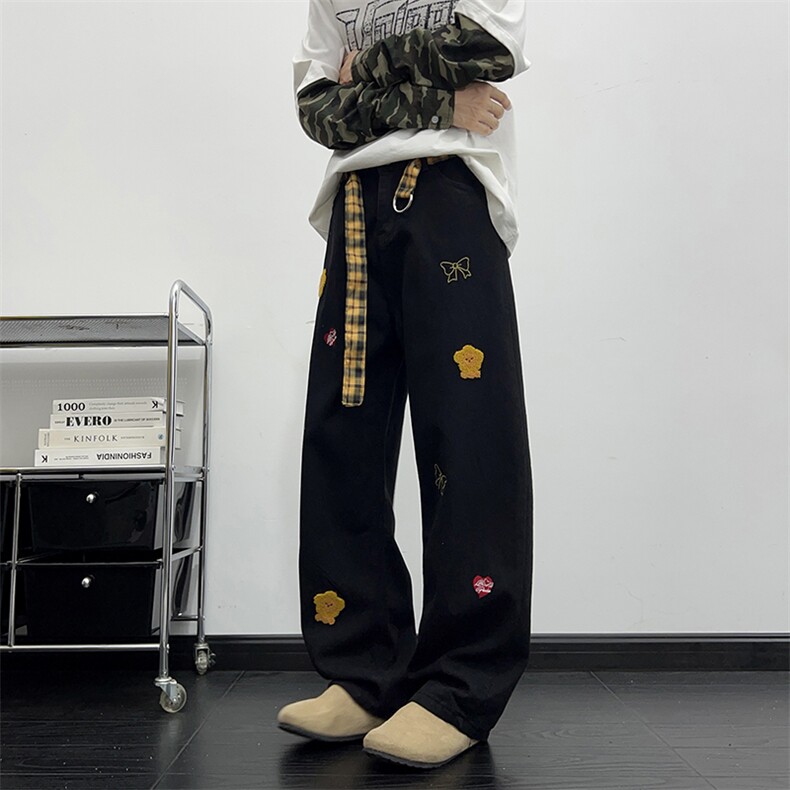 港风秋款男牛仔裤毛巾绣动物蝴蝶直筒宽松长裤配腰带NK229P50，男装牛仔裤，星座1013-1