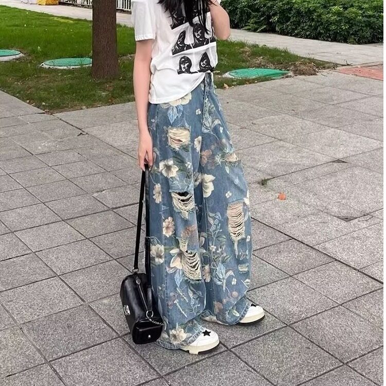 DG50-P55满印花卉阔腿水洗牛仔裤男新款夏季拖地裤子潮-网图现货,男装牛仔裤,星座603-2
