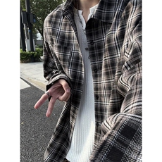复古格子美式衬衫男长袖翻领宽松百搭格子纹外套C2273-特价P37，男装衬衫，电商A007