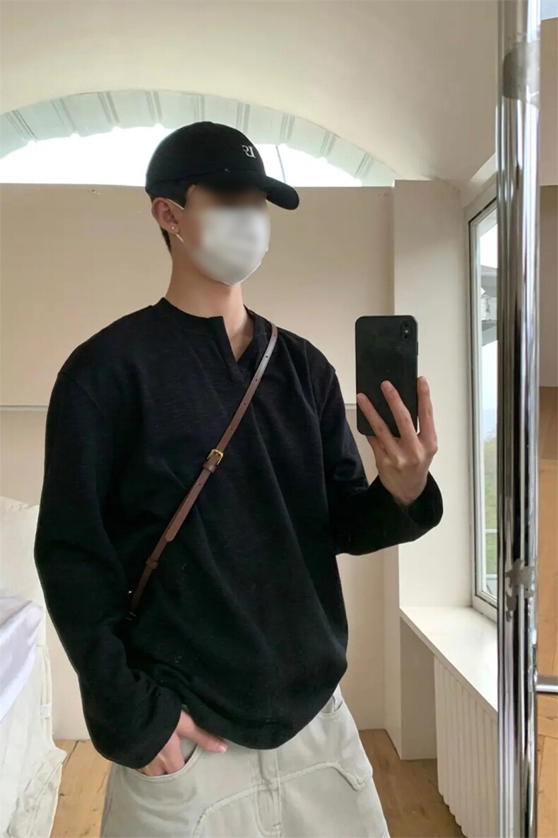 (网图慎用)肌理感V领大码长袖T恤男宽松打底上衣T24518-特P42控78,男装T恤,电商A001