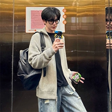 抖音得物保暖立领拉链针织外套秋冬宽松慵懒风纯色毛衣上衣AM02，男装针织衫/毛衣，电商A443