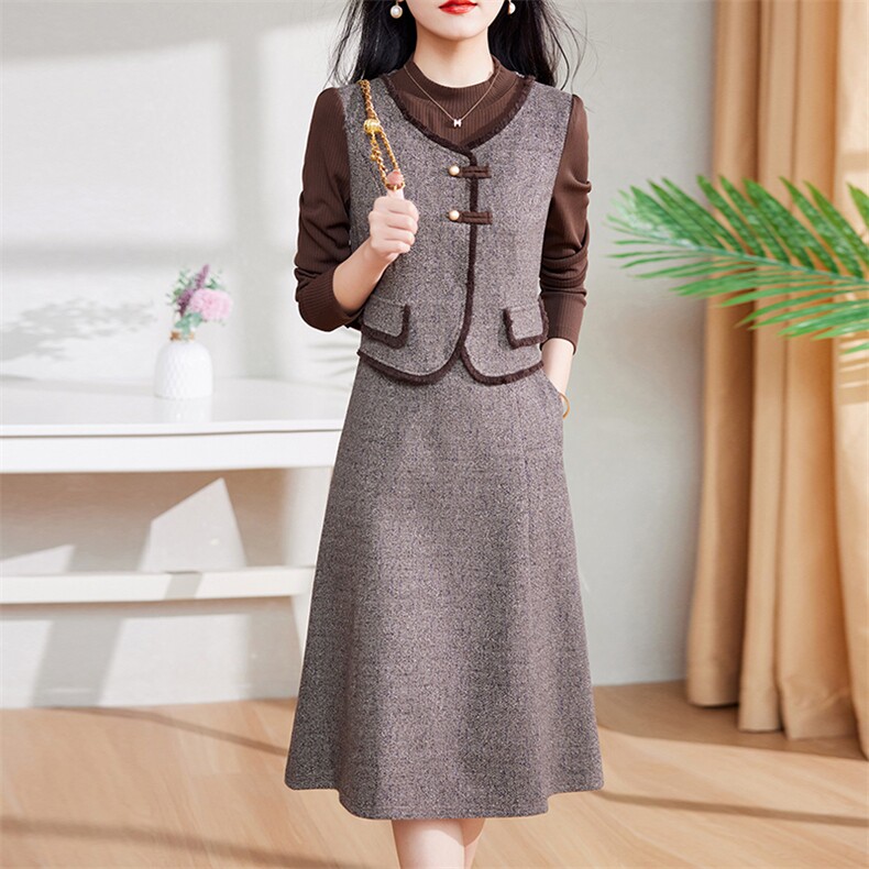 现货-新品】春装连衣裙2024年高端显瘦洋气美拉德中长款女士裙子,女装连衣裙,仁梯