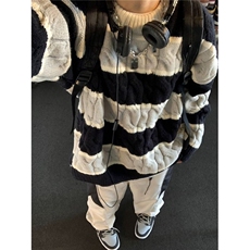 条纹针织衫女秋季破洞不规则设计感小众宽松中长款慵懒风毛衣上衣，男装针织衫/毛衣，星座506A