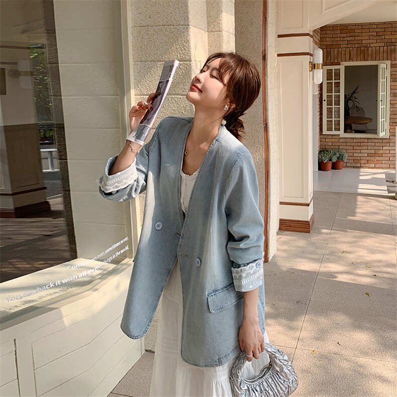 现货蕾丝拼接牛仔西装2531P145控218,女装短外套,2C201