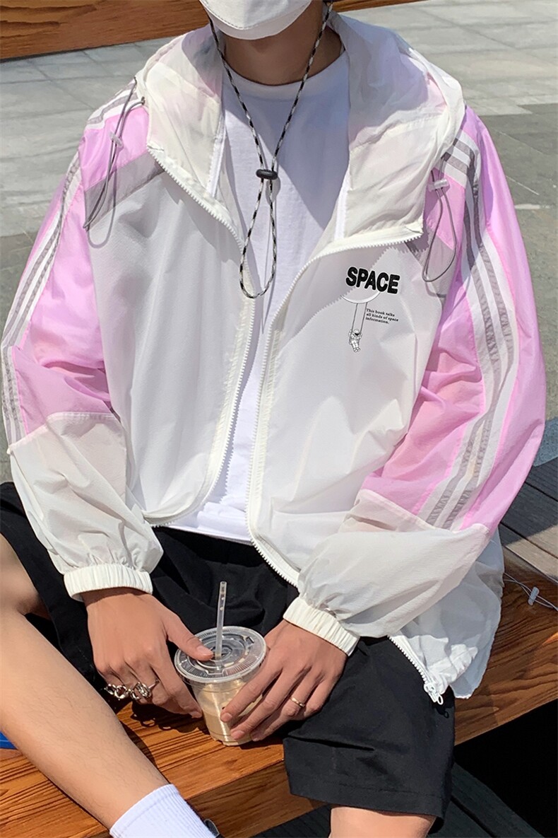 港风夏季潮流宽松撞色连帽外套防晒服男F6601P55控68,男装防晒衣,电商A268A