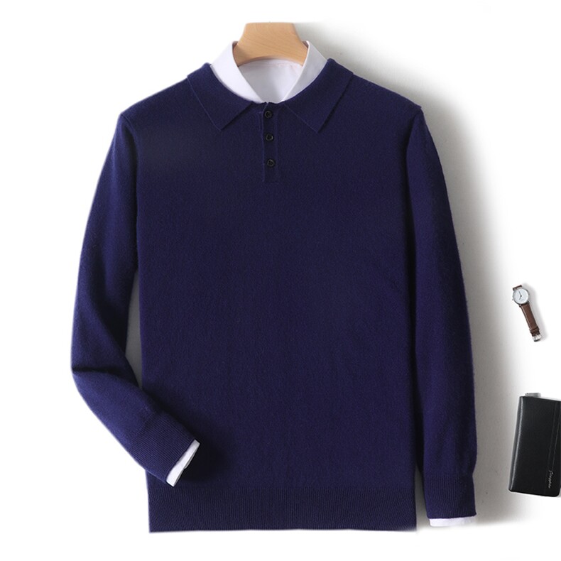 铂金扬子纱系列男士超细精纺POLO领长袖打底衫针织衫T恤百搭，男装羊绒套衫，绒韵雅