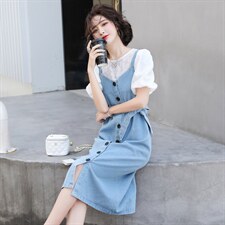 (现货）2026夏季新款泡泡袖圆领小衫+牛仔背带裙两件套(配腰带），女装套装/套裙，印象茜