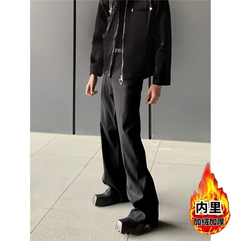 黑色微喇叭加绒西裤男款秋冬打褶提档垂感弯刀裤子显瘦休闲直筒裤,男装西裤,星座601-1