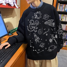 1港风新款宽松休闲中性情侣圆领潮流印花毛衣男外套7804P55加绒70，男装针织衫/毛衣，星座226-2