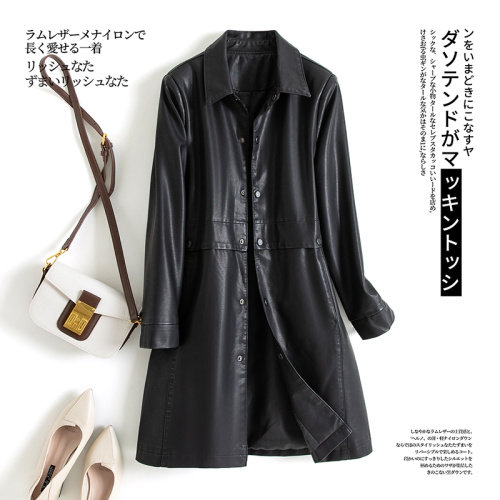 2022春季新款衬衫领时尚休闲百搭中长款皮衣风衣，女装皮衣，魅衣本色