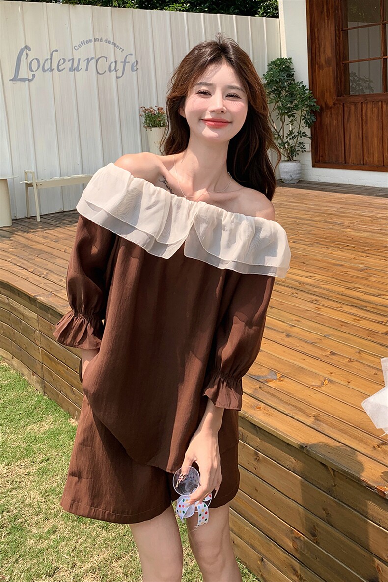 法式气质一字肩上衣套装女2025夏季新款宽松显瘦阔腿短裤子两件套,女装套装/套裙,浙宝069
