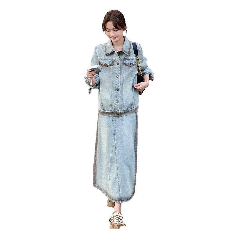 一整套ootd穿搭春装高级感休闲牛仔外套半身裙两件套2025新款套装,女装套装/套裙,2C093