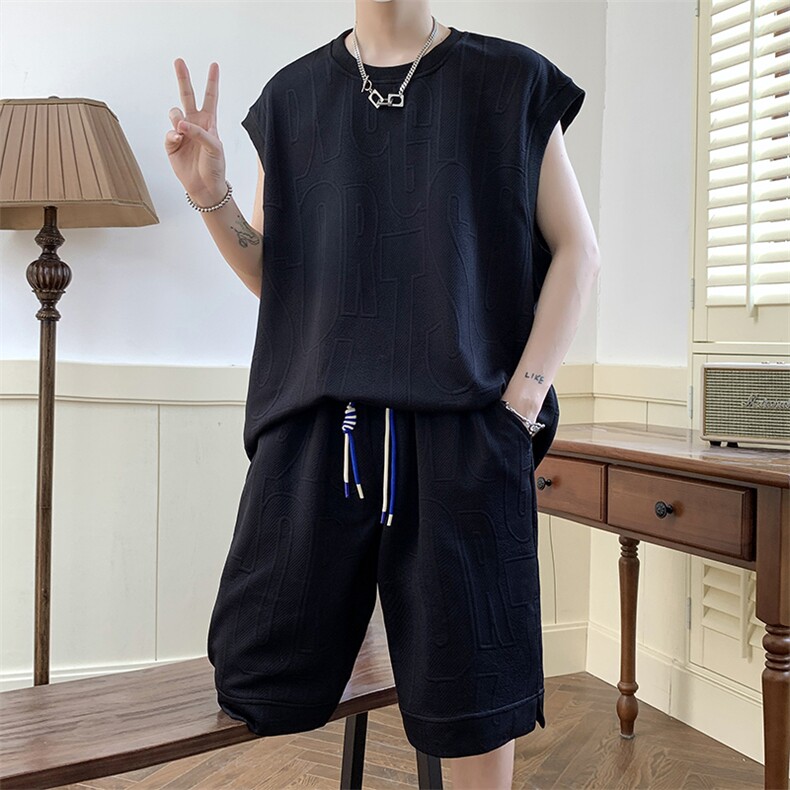 23夏季新款字母纹理套装无袖背心休闲短裤A316-1-YK01P65控88图片