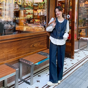 韩系穿搭牛仔套装女春秋2025年新款酷飒拽姐马甲配阔腿裤三件套装图片