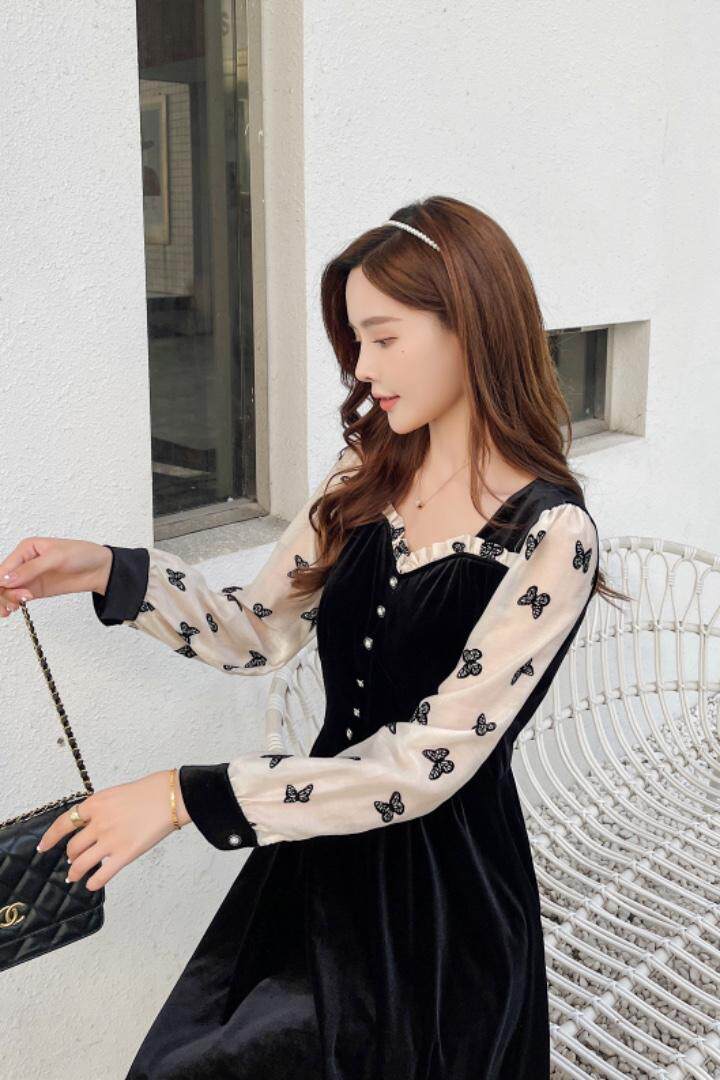 2021现货蝴蝶袖丝绒小香风连衣裙，女装连衣裙，秀水百合