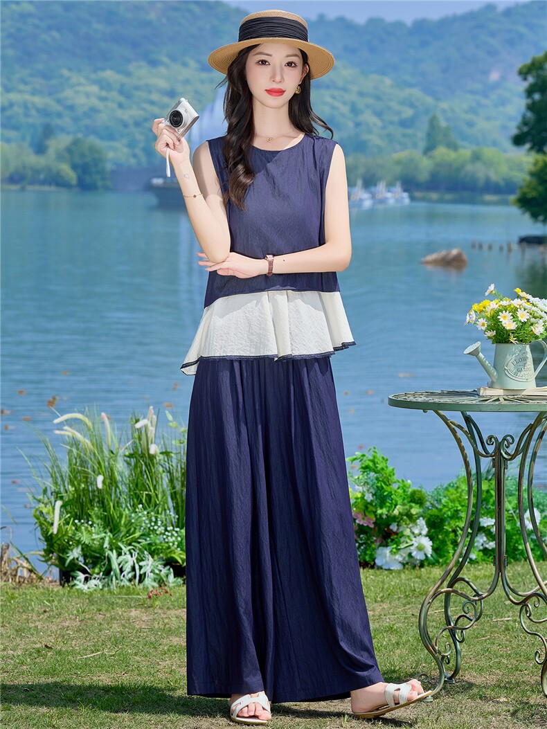 （新款现货）2026夏装时尚莱赛尔假两件上衣+阔腿裤套装两件套女,女装套装/套裙,印象茜