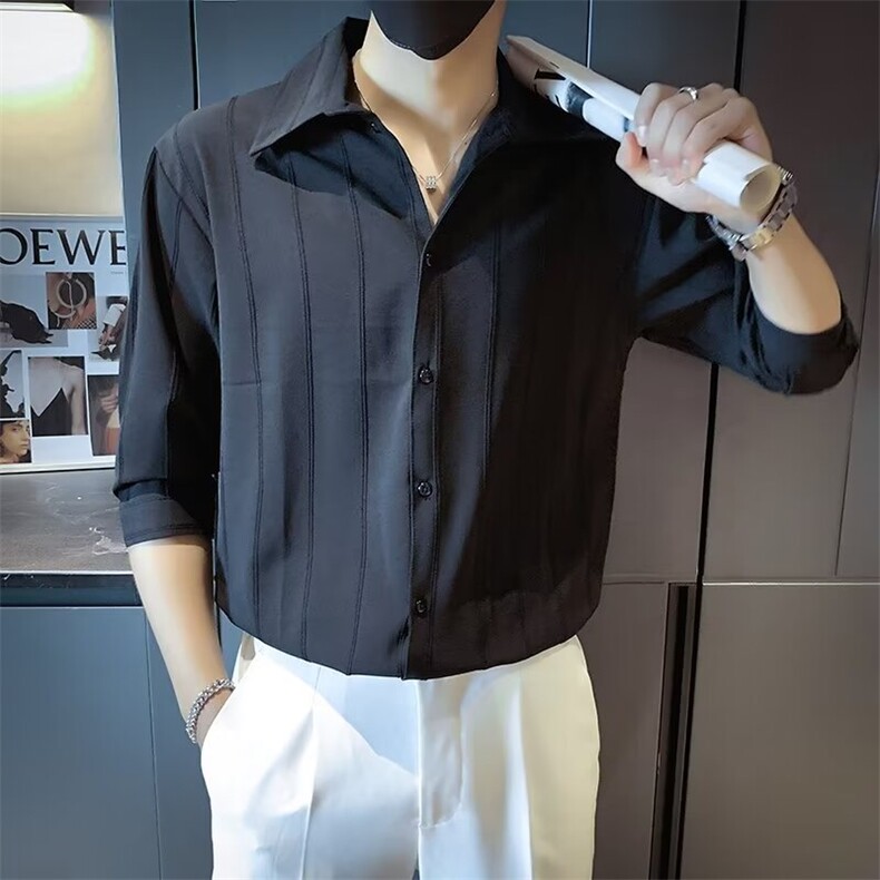 夏季肌理竖条纹短袖衬衫男士潮流修身袖衬衣痞帅休闲垂感CS612,男装T恤,星座1116A-2（原606A-1）