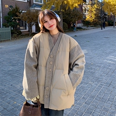 现货：冬装新款时尚设计款毛呢拼色羽绒服2C135-5011P275K418，女装羽绒服，2C135
