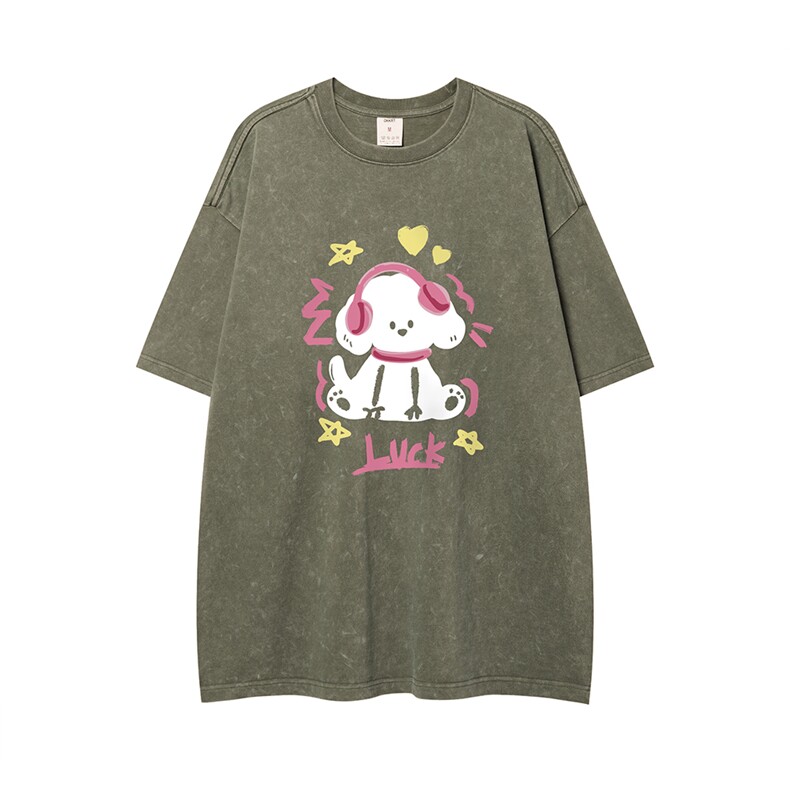 白底23夏季趣味卡通印花时尚百搭宽松豆绿色短袖T恤T61014P45控58，男装T恤，电商A268-1