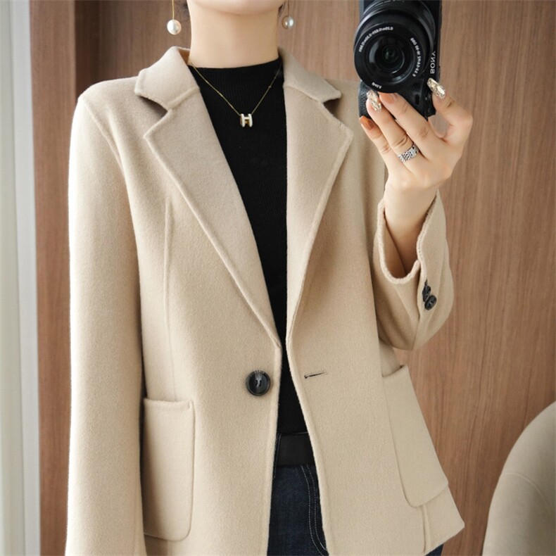 西装毛呢外套女新款休闲双面呢大衣2024春秋冬短款羊毛呢子上衣，女装双面呢大衣，悦洋羊绒