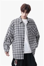 衬衫男春季新款港风宽松大码磨毛格子长袖衬衣CS510-P38，男装衬衫，星座214-3