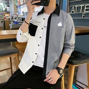 长袖衬衫男秋季新款韩版潮流宽松拼色休闲衬衣DS937T图片