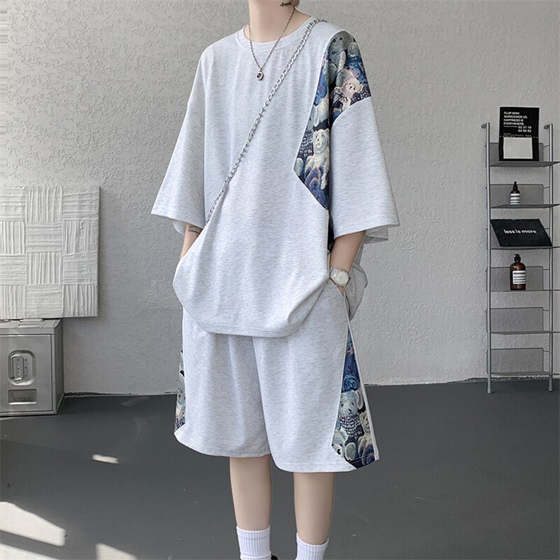 TZ792-特批50控98夏季冰丝潮流大码小熊撞色短袖短裤套装男,男装牛仔裤,电商A059