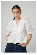 荷叶边V领白衬衫，女装衬衫，喜午