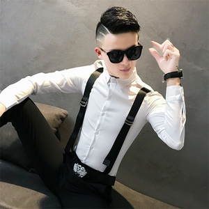 312A-742-P55新款修身长袖衬衫男韩版背带拼接社会人衬衣-首2图片