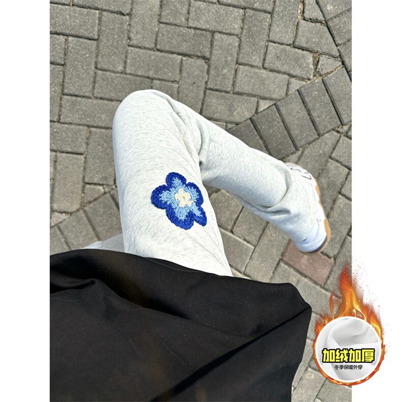 抖音得物高品质秋冬季重磅花卉刺绣潮流运动宽松加绒直筒休闲卫裤，男装休闲裤，电商A486