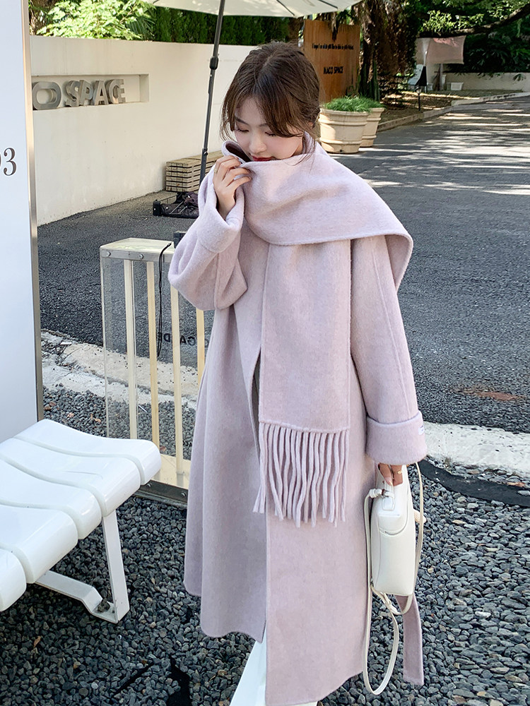 现货手工缝制70羊毛双面呢大衣配围巾210-651-P270-K398,女装双面呢大衣,韩蜜菓