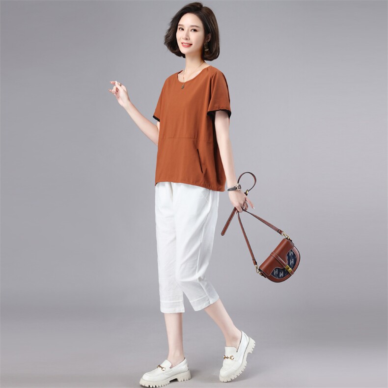 妈妈短袖T恤纯棉女大码薄2025中老年洋气夏季宽松遮肚子上衣显瘦,女装套装/套裙,奕阳依阁