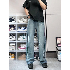 牛仔裤男美式高街痞帅破洞阔腿裤子潮牌宽松直筒长裤L80455-P45，男装牛仔裤，星座1008
