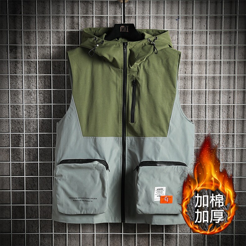 8XL-M码2023冬季新款加棉连帽工装机能马甲男无袖外套加肥加大码，男装棉衣，钱塘717(原712)