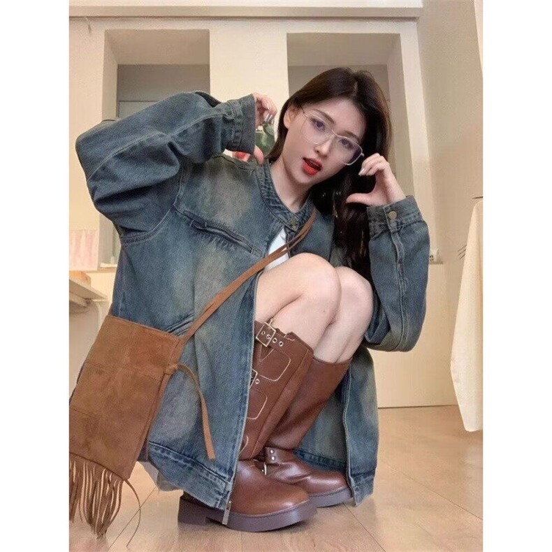 美式复古牛仔外套男女春秋宽松显瘦百搭水洗做旧开衫休闲夹克上衣图片