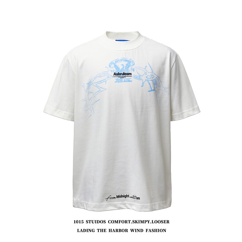 （350克双纱）美式设计感直喷印花宽松圆领短袖T恤1015-T609-P68，男装T恤，四季星座1015