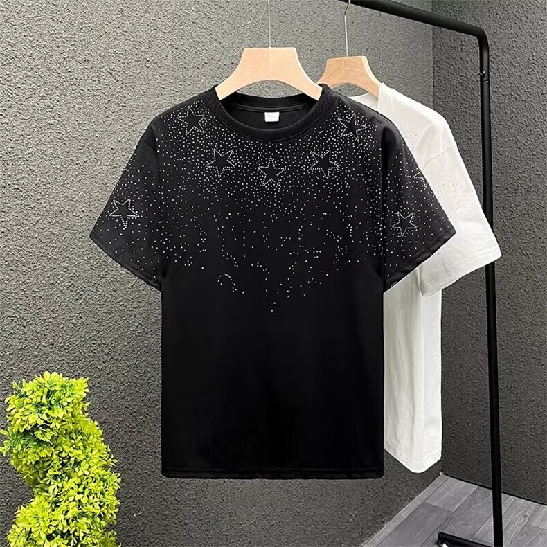 夏季纯棉休闲T恤百分百纯棉满天星钻T恤T318p35,男装T恤,星座1013