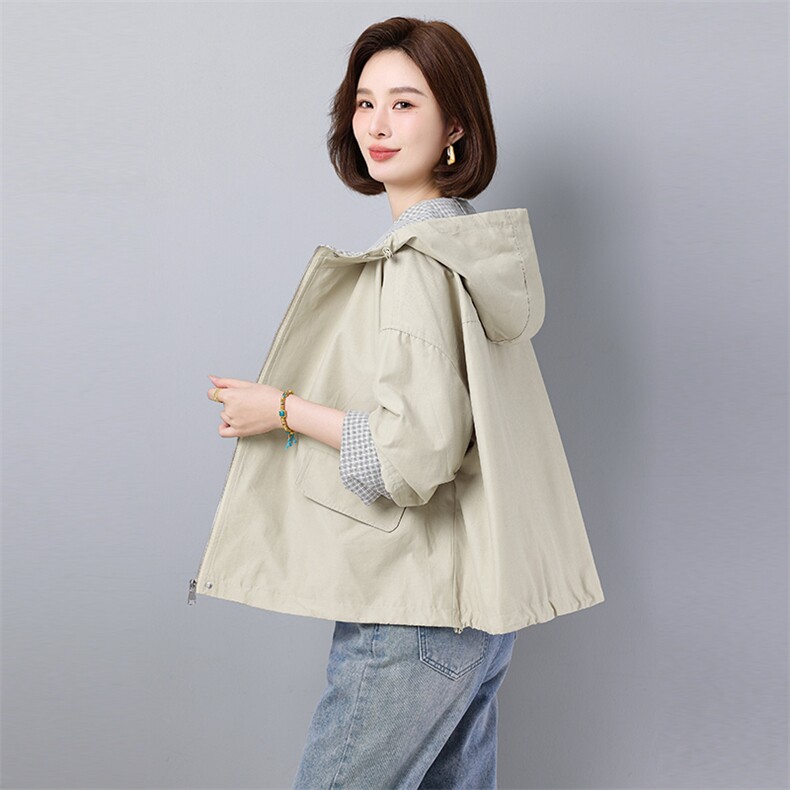2025春季新款时尚设计感拼接格子连帽宽松休闲小个子风衣外套女，女装风衣，秋牧寒烟