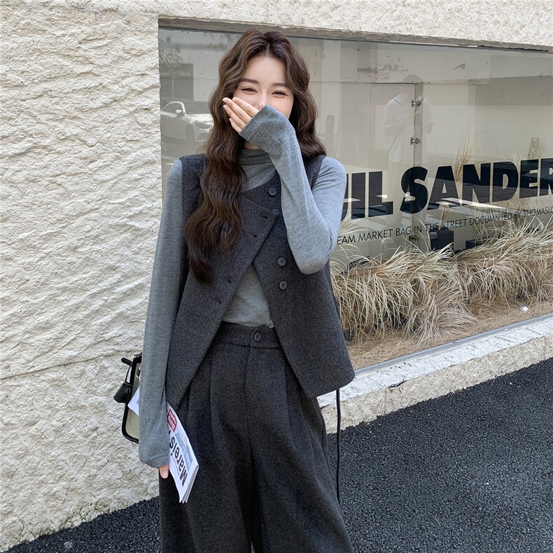 灰色韩系毛呢马甲阔腿裤打底衫三件套女秋冬2025新款chic气质套装,女装套装/套裙,2C111