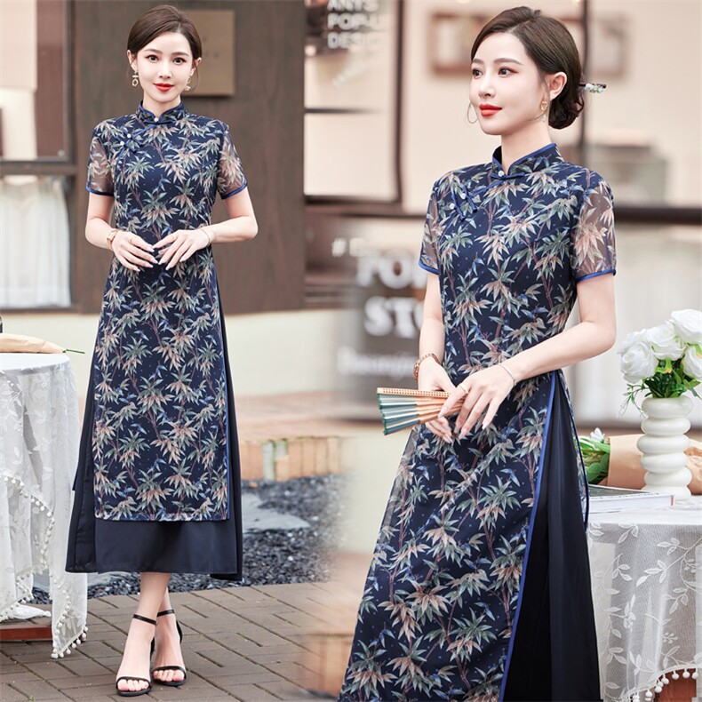 新款盘扣专柜旗袍网纱连衣裙高开衩短袖混纺民族风2025，女装汉服/婚纱/旗袍/礼服，小荷流