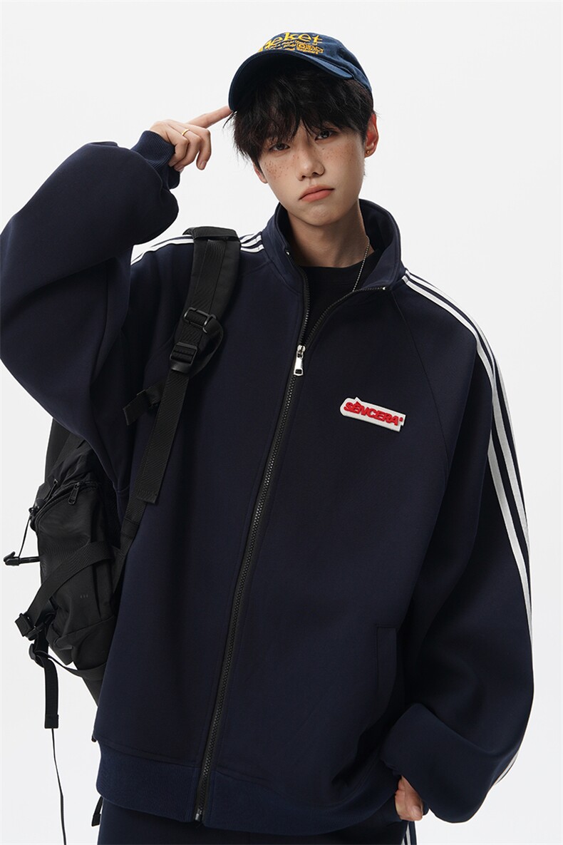 8XL-M条纹撞色开衫新年红卫衣运动套装潮牌运动服校园风TZ114P118,男装休闲套装,电商D206-1