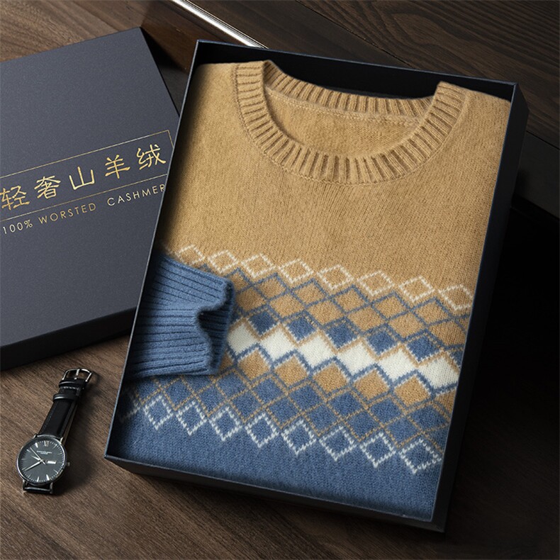 2024秋冬新款35%山羊绒男士套头加厚圆领撞色羊绒衫,男装羊绒套衫,曼云男装羊绒