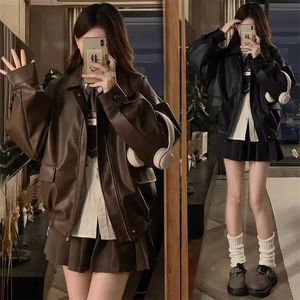 W10525-P63网图现货新款美拉德皮衣外套棕色美式复古高品质