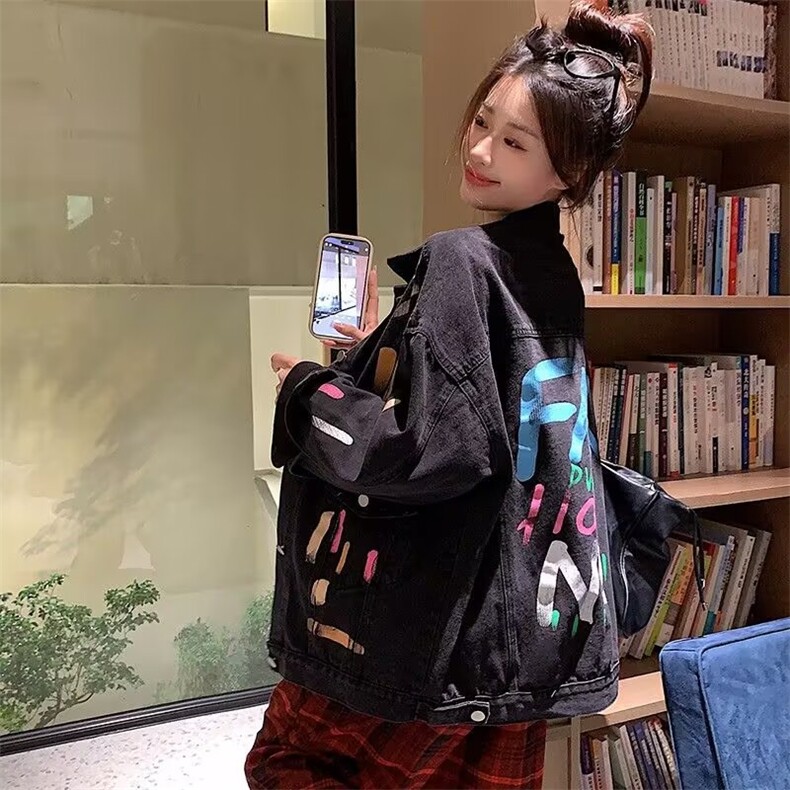 887-P52彩色涂鸦牛仔外套女春秋新款大码胖MM设计感小众,男装工装外套,电商B323A