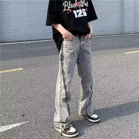 3080-P52解构黑色弯刀牛仔裤男女潮流阔腿宽松风哈伦微喇裤子,男装牛仔裤,电商B323A