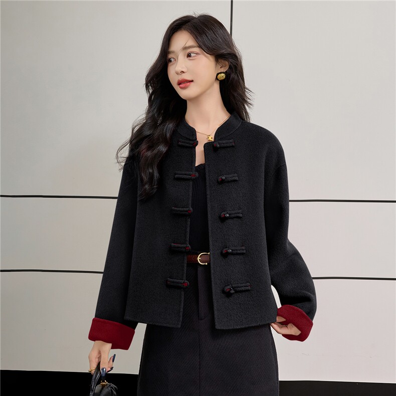 新中式盘扣短款双面羊绒大衣女25秋冬新款小个子红色羊毛呢外套,女装双面呢大衣,小荷流