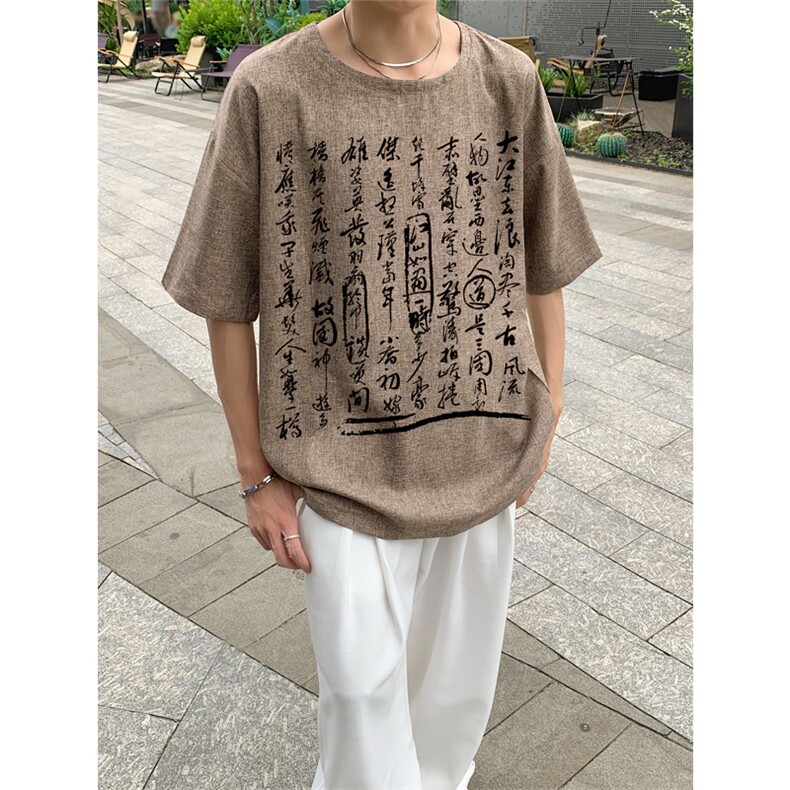 已做版权 现货 新中式棉麻书法宽松亚麻大码短袖男 MT23-P35 控58图片