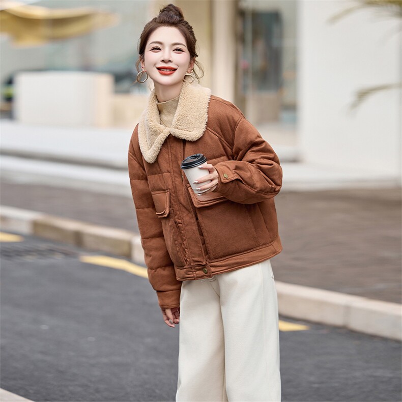 短款羽绒服女女2024冬季新款小个子独特超好看拼皮羊羔毛翻领外套,女装羽绒服,采品优优