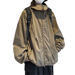 暗黑系双拉链外套男秋季美式机能软壳宽松休闲户外徒步登山服夹克图片